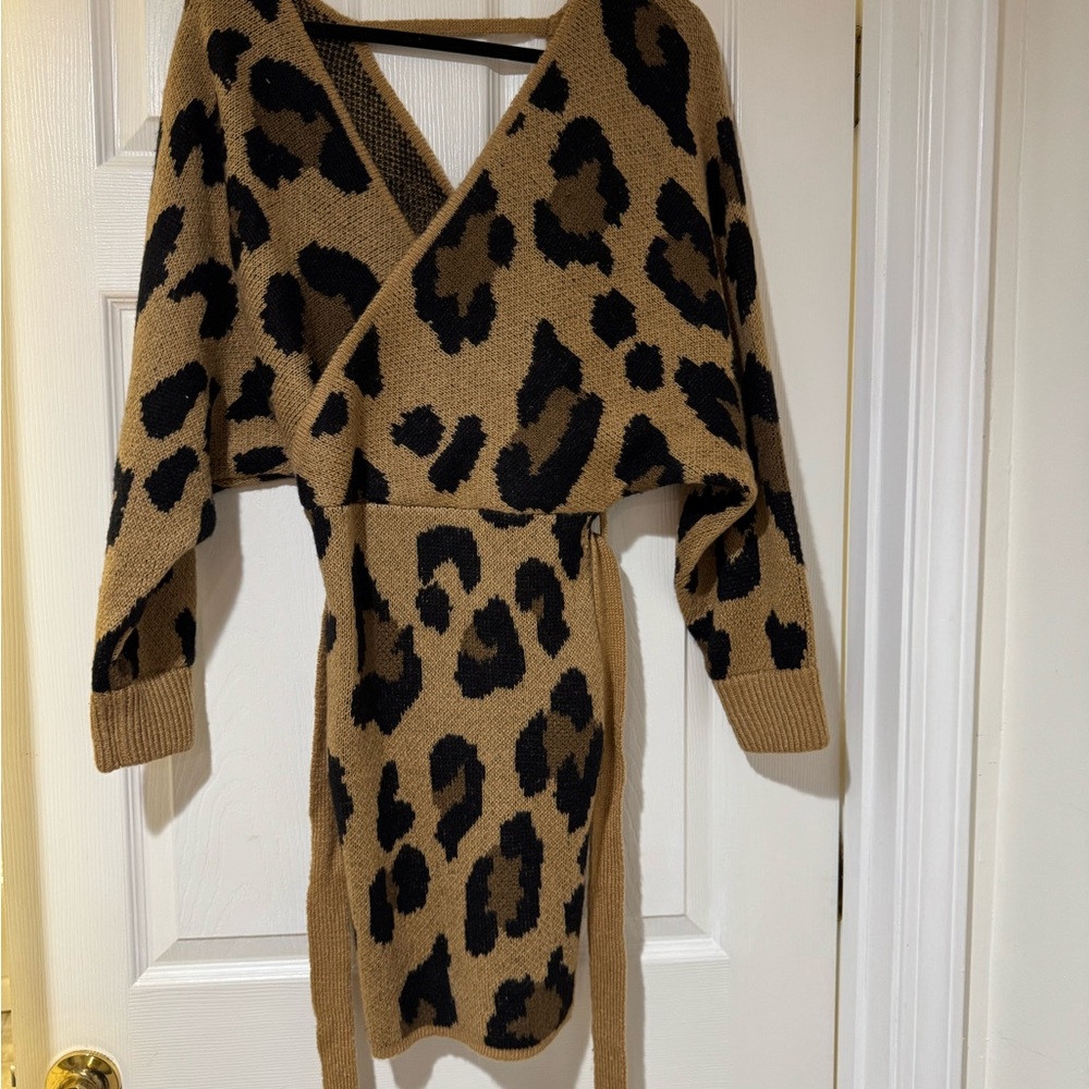 Leopard Print Wrap Sweater Dress